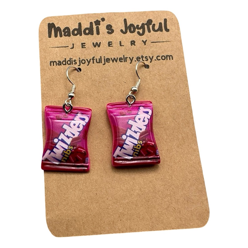 Maddis Joyful Jewelry Twizzlers Nibs Candy Bag Dangle Earrings Pink